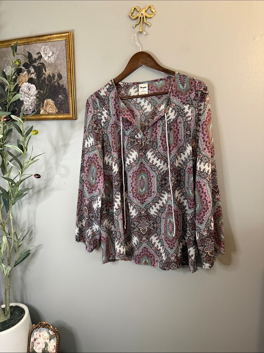 Wrangler Paisley Peasant Blouse Medium Boho Western Tie Neck Long Sleeve - Picture 2 of 12